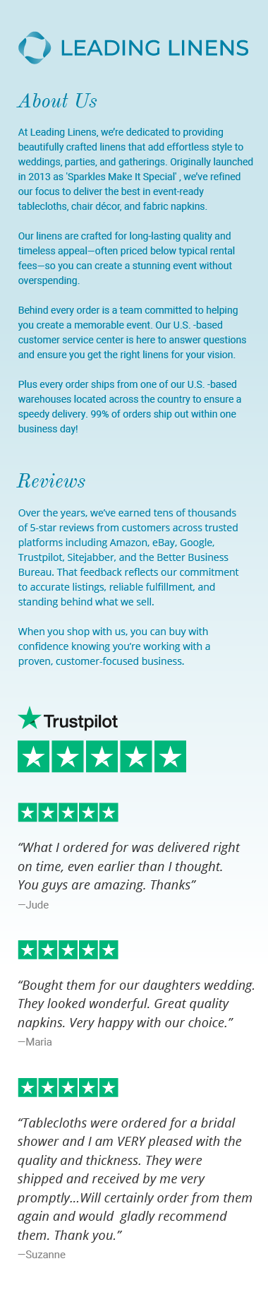 Leading Linens is 5-star customer rated